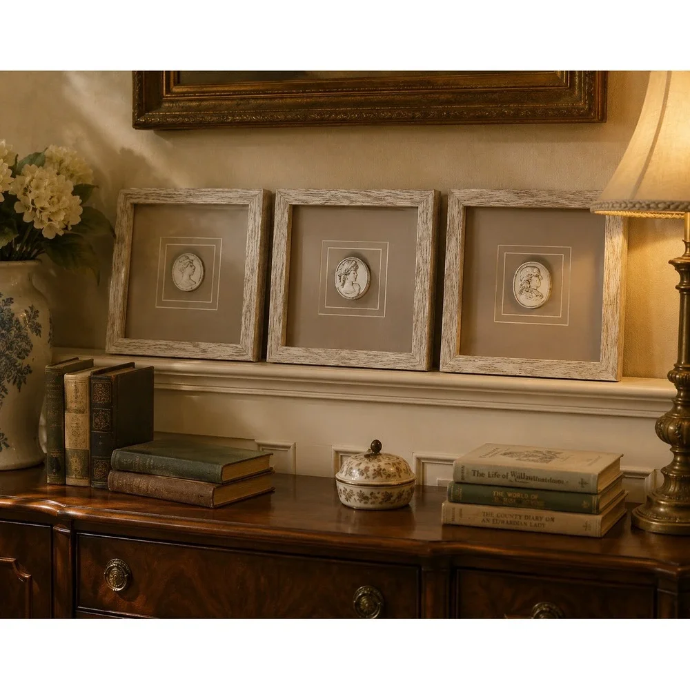 Set of 3 Framed Ceramic Intaglio Bust Relief Wall Art Vintage-Style 9.5 Inch